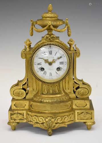 19th Century French brass ormolu mantel clock with urn finia...