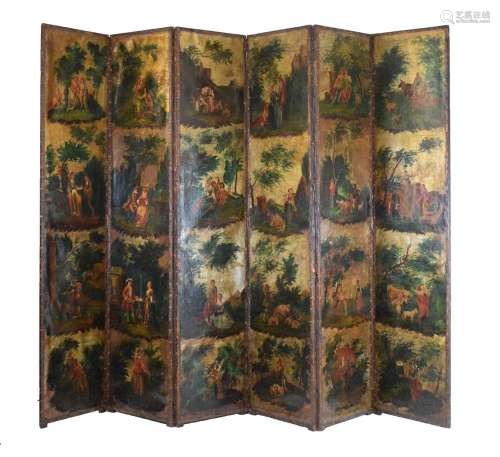 19th Century painted leather six-fold screen or room divider