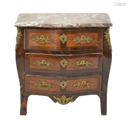 French ormolu mounted serpentine front, three drawer marble ...