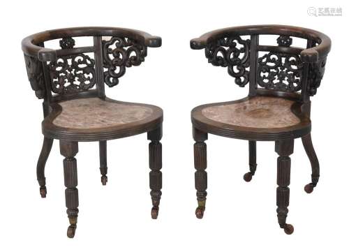 Pair of Chinese hardwood tub chairs with marble seats