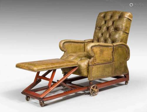 Victorian invalid chair, deep-buttoned green hide