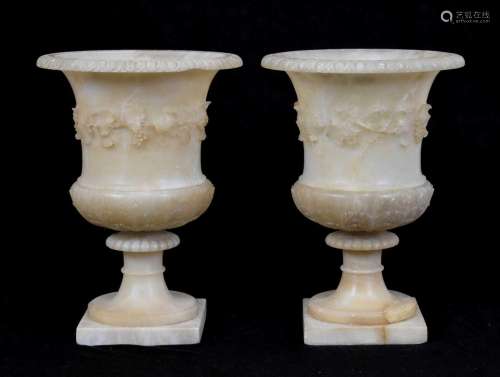 Pair of alabaster campana shaped pedestal urns