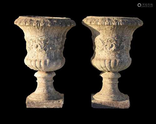 Pair of composite stone pedestal planters