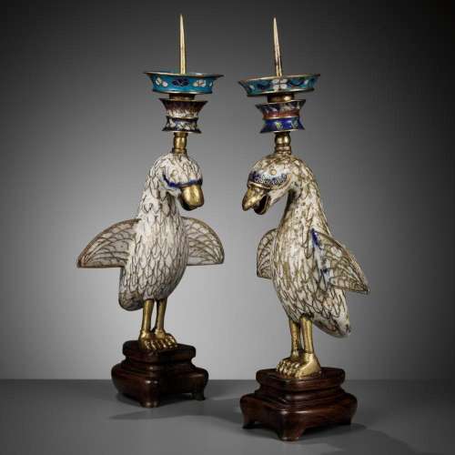 A PAIR OF CLOISONNÉ ENAMEL ‘BIRD’ CANDLESTICKS, QIANLONG PER...