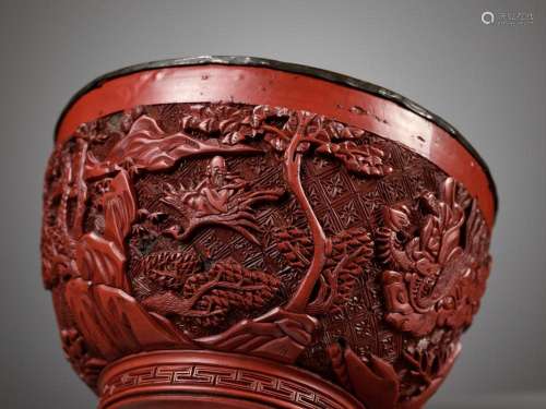 A CINNABAR LACQUER ‘IMMORTALS’ BOWL, LATE MING DYNASTY