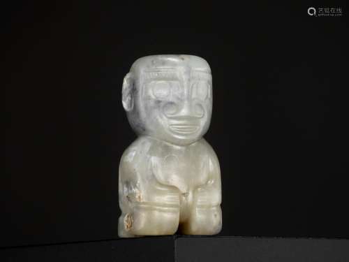 A MOTTLED GRAY JADE ‘KNEELING FIGURE’ PENDANT, TANG TO MING ...