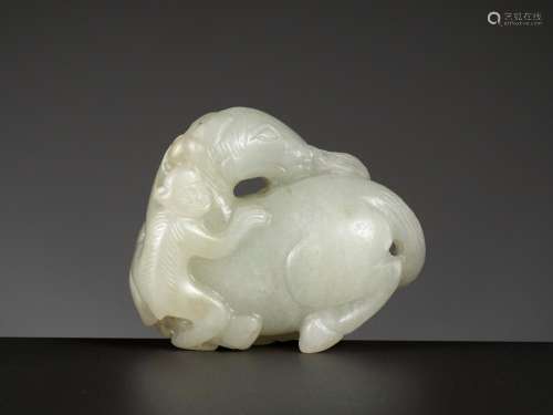 A PALE CELADON JADE ‘HORSE AND MONKEY’ GROUP, 18TH-19TH CENT...