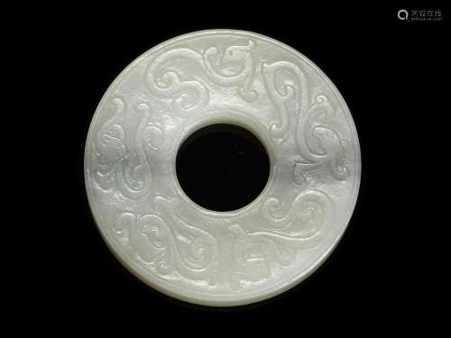 AN ARCHAISTIC WHITE AND GRAY JADE DISC, BI, 18TH - EARLY 19T...