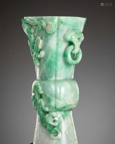 A JADEITE ‘CHILONG AND LINGZHI’ QUATRELOBED VASE, GU, QING D...