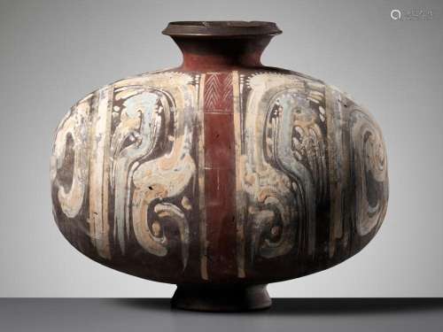 AN ABSTRACTLY PAINTED POTTERY COCOON JAR, HAN DYNASTY