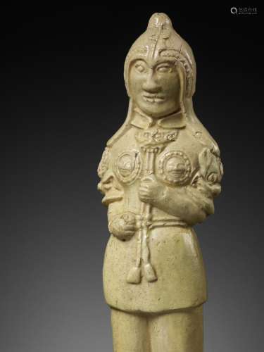 A STRAW GLAZED POTTERY FIGURE OF A SOLDIER, SUI TO TANG DYNA...