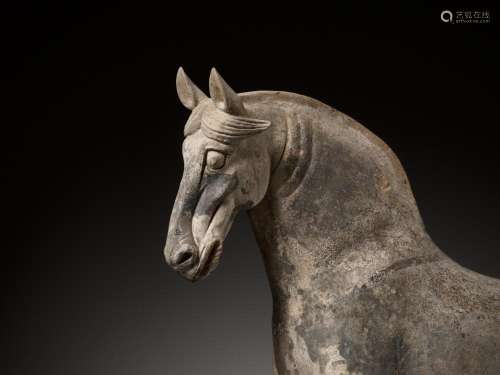A LARGE GRAY POTTERY STRIDING HORSE, EARLY TANG DYNASTY