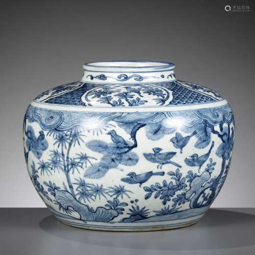 A BLUE AND WHITE ‘BIRDS AND FLOWERS’ JAR, LATE MING DYNASTY