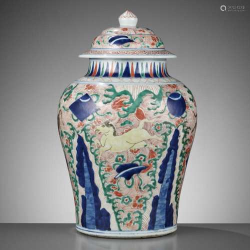 A WUCAI ‘GALLOPING HORSES’ JAR AND COVER, SHUNZHI PERIOD