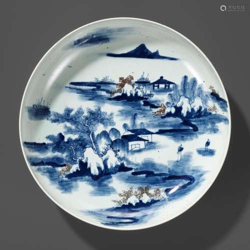 A LARGE UNDERGLAZE-BLUE AND COPPER-RED GLAZED CHARGER, KANGX...