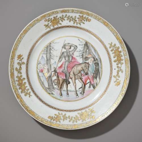 A RARE FAMILLE ROSE AND GRISAILLE ‘DON QUIXOTE’ DISH, QIANLO...