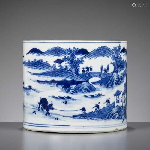 A BLUE AND WHITE ‘RIVER LANDSCAPE’ BRUSHPOT, BITONG, MID-QIN...
