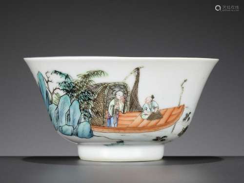 A SMALL AND RARE FAMILLE ROSE ‘CORMORANT FISHING’ BOWL, TONG...