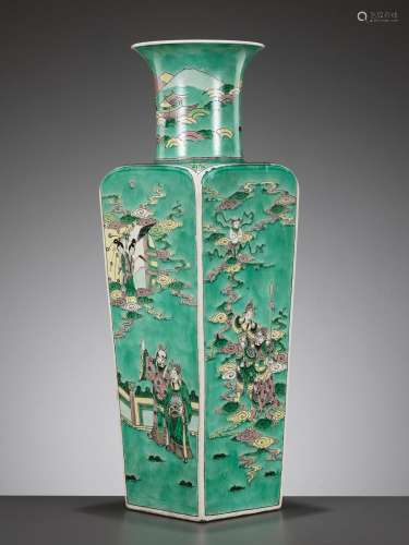 A FAMILLE VERTE SQUARE BALUSTER ‘IMMORTALS’ VASE, QING DYNAS...