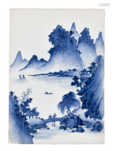 A SCENIC BLUE AND WHITE ‘MOUNTAIN LANDSCAPE’ PLAQUE, LATE QI...