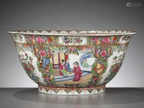 A LARGE CANTON FAMILLE ROSE ‘MEDALLION’ PUNCH BOWL, LATE QIN...