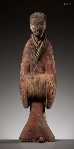 A PAINTED WOOD FIGURE OF A COURT LADY, WARRING STATES PERIOD...