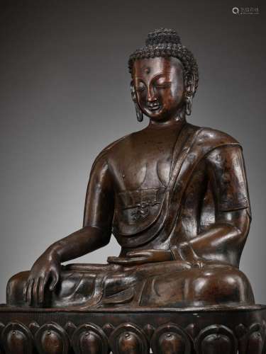A LARGE CAST AND REPOUSSÉ COPPER FIGURE OF BUDDHA SHAKYAMUNI...