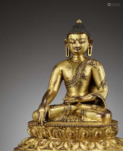 A BRONZE FIGURE OF BUDDHA SHAKYAMUNI, TIBET, 15TH CENTURY