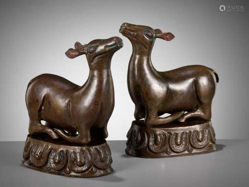 A PAIR OF COPPER REPOUSSÉ FIGURES OF DEER, TIBET, 18TH-19TH ...