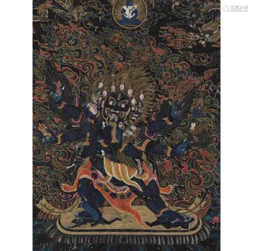 A BLACK-GROUND THANGKA DEPICTING VAJRAKILA