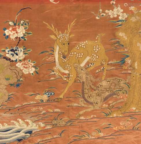 A SILK EMBROIDERED ‘DEER’ PANEL, 18TH CENTURY