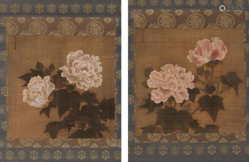 ‘RED AND WHITE COTTON ROSES’, A PAIR OF SILK PAINTINGS AFTER...