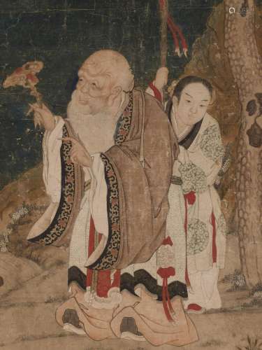 A LARGE PAINTING DEPICTING SHOULAO AND AN ATTENDANT, BY GU J...
