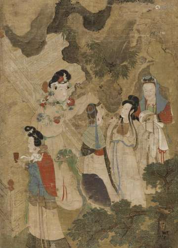 A SILK PAINTING OF XIWANGMU AND OTHER FEMALE DEITIES, QING D...