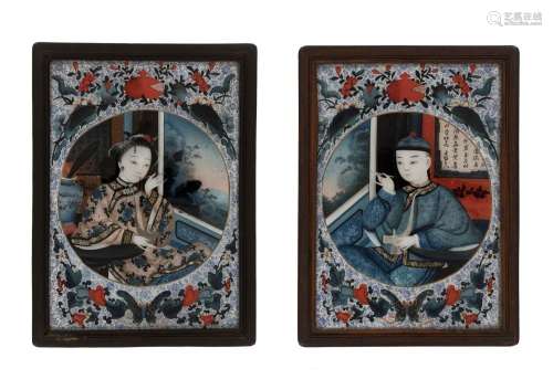 A PAIR OF REVERSE GLASS PAINTINGS DEPICTING A MANCHU NOBLEMA...