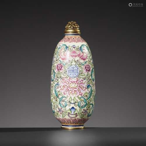 AN IMPERIAL GUANGZHOU ENAMEL ‘LOTUS AND SHOU’ SNUFF BOTTLE, ...