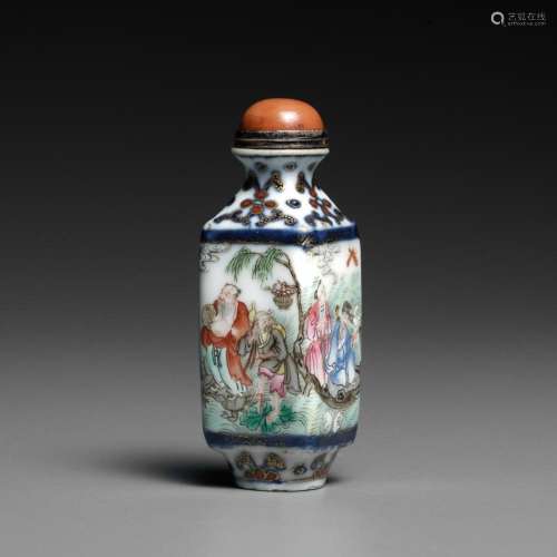 A FAMILLE ROSE ‘EIGHT IMMORTALS’ SNUFF BOTTLE, JIAQING MARK ...