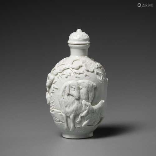 A WHITE GLAZED PORCELAIN ‘TWO RAMS’ SNUFF BOTTLE, BY WANG BI...