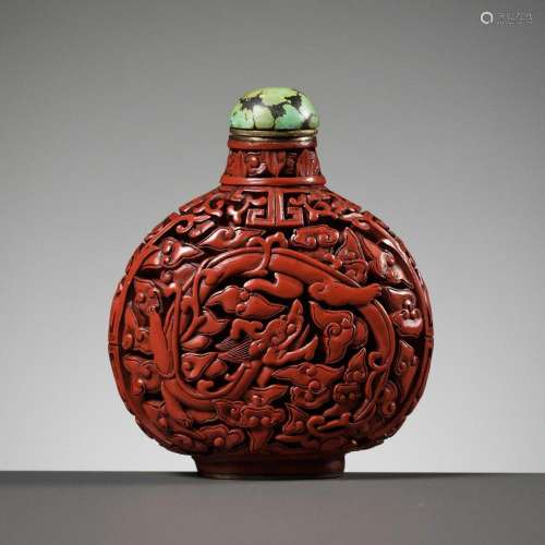 A CARVED CINNABAR LACQUER ‘DRAGON’ SNUFF BOTTLE, PROBABLY IM...