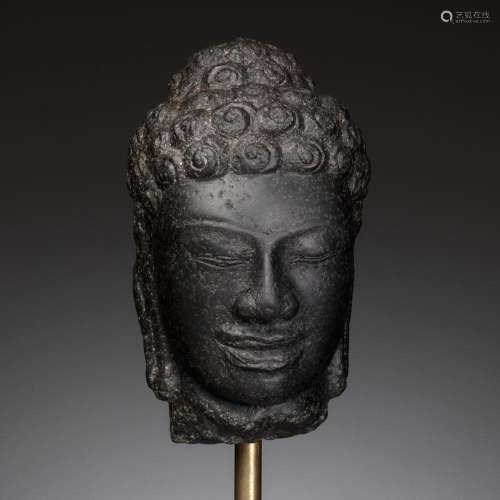 A BLACK STONE HEAD OF BUDDHA, MON-DVARAVATI PERIOD