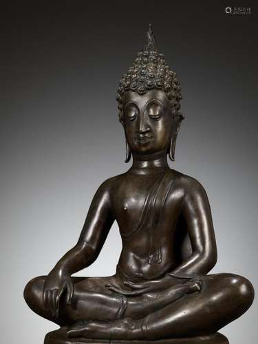 A BRONZE SEATED FIGURE OF BUDDHA SHAKYAMUNI, THAILAND, SUKHO...