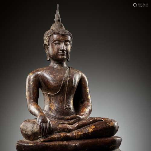 A BRONZE FIGURE OF A SEATED BUDDHA, LATE SUKHOTHAI PERIOD