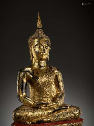 A GILT-LACQUERED BRONZE FIGURE OF SEATED BUDDHA SHAKYAMUNI, ...