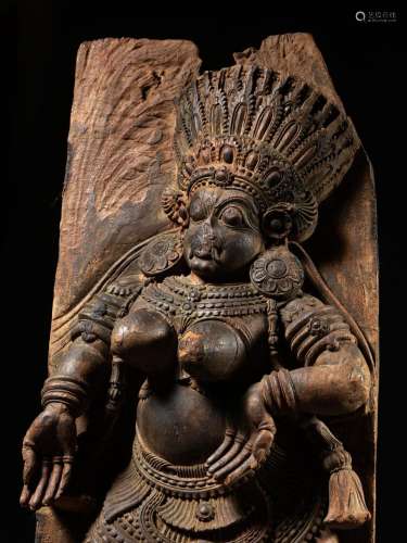 A LARGE AND HIGHLY IMPRESSIVE WOOD RELIEF OF A DANCING FEMAL...