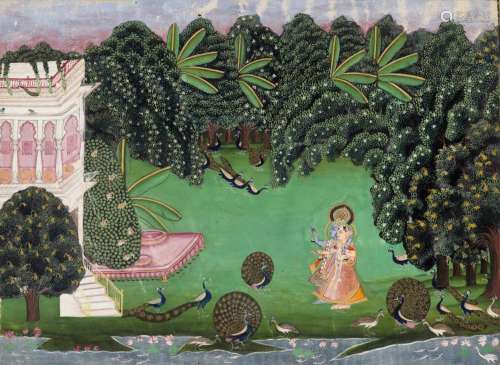 AN INDIAN MINIATURE PAINTING OF KRISHNA AND RADHA WITH PEAFO...