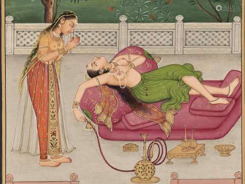 AN INDIAN MINIATURE PAINTING OF A LADY SMOKING A HOOKAH