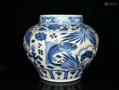 Generation of blue and white fish carving grass grain tank x...