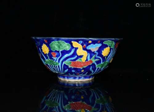 Grass grain melon leng ji blue glaze colorful fish bowl x22....