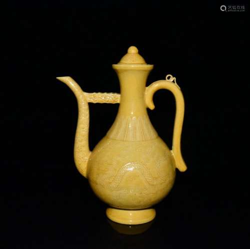Hongzhi yellow glaze on dark carved dragon pot of 23 x17cm 9...