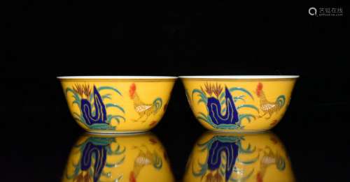 Chenghua yellow glaze color paint chicken fights Gang cup a ...